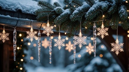 Fototapeta premium Snow covered roof eave with fir branches adorned with snowflake lights and icicles. Winter holidays decoration creates cozy outdoor ambiance with soft bokeh lights. Festive outdoor scene.