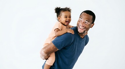 Obraz premium Happy father carrying toddler daughter piggyback playful bonding moment against plain white studio background setting with captures joyful father