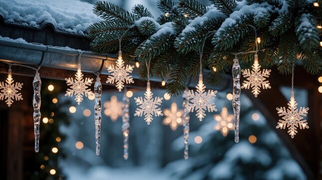 Snow covered roof eave with fir branches adorned with snowflake lights and icicles. Winter holidays decoration creates cozy outdoor ambiance with soft bokeh lights. Festive outdoor scene.