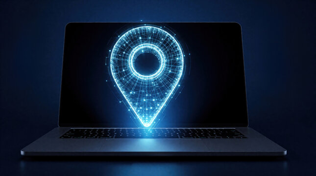 Futuristic laptop displays glowing blue wireframe GPS pin symbol. Digital navigation interface projects abstract location marker with connecting lines and dots.