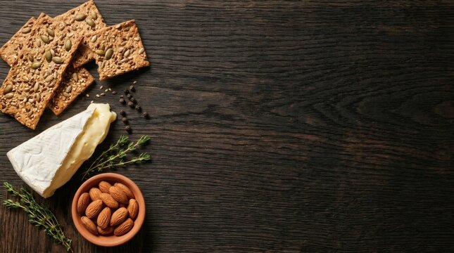 Artisan Crackers and Brie on Wood Food Background Copyspace
