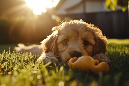 Adorable puppy enjoying sunset in garden playtime