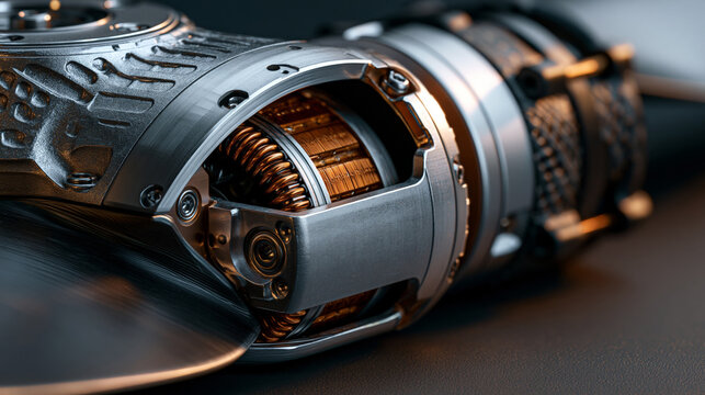 Extreme macro view of drone brushless motor stator with visible copper windings and mounting screws. Propulsion system diagnostic and quality inspection