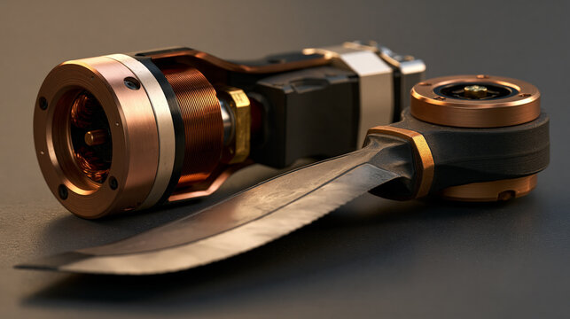 Macro shot of high-performance brushless drone motor showing copper wire windings and metallic propeller hub. Mechanical inspection of UAV propulsion system