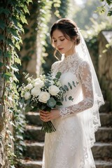 Fototapeta premium Elegant bride in lace dress holds white roses bouquet in sunlit garden. Asian woman wears veil, poses gracefully by stone stpic and ivy. Romantic wedding moment outdoors.