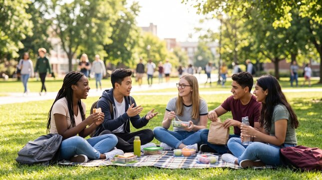 Diverse group of high school students sharing lunch and conversation on a sunny green campus lawn