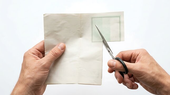 Close up view of hands using sharp metal scissors cutting dotted lines on paper sheet with perforated rectangular dotted scissors carefully cut