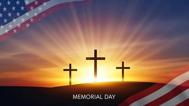 Three crosses at sunrise with American flags.