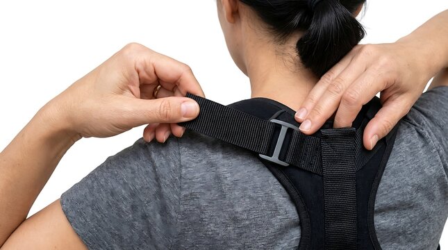 Woman adjusting black orthopedic posture corrector brace over her shoulders against plain white studio background with adjusting tension straps