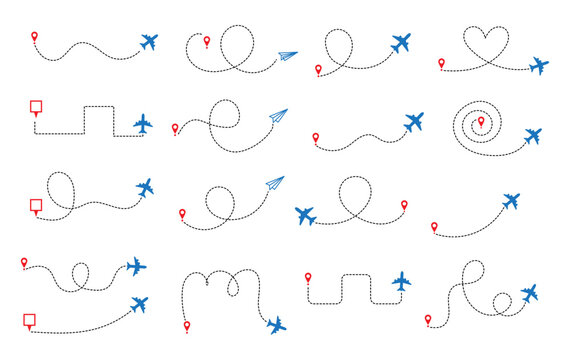Airplane routes flight path vector with location pins. Airplane line path icon of air plane flight route with start point and dash dotted line trace.