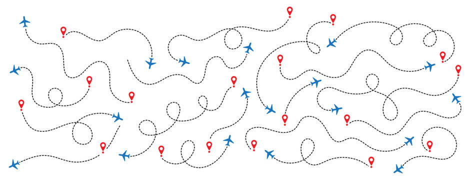 Airplane line path icon of air plane flight route dash line trace with start point. Simple airplane travel line path with map pins. Airplane dashed route path.