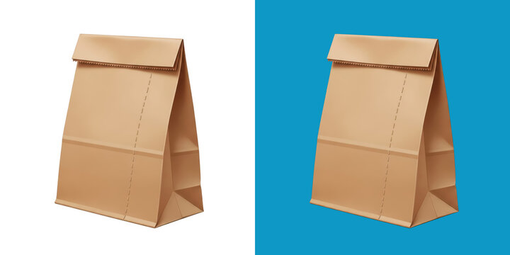Brown paper lunch bag standing on white background