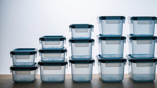 Various sizes clear food storage containers with blue lids neatly stacked. Kitchen organization solution for fresh food preservation and meal prep.