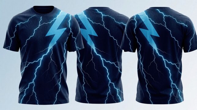 Dark blue t-shirt with bold blue lightning bolt graphic. Front and back views show electrifying pattern. Modern apparel design template for fashion brands, sports teams, or graphic print.