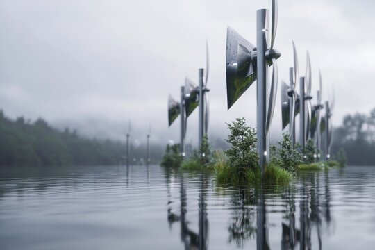 Futuristic wind turbines reflecting on tranquil water surface