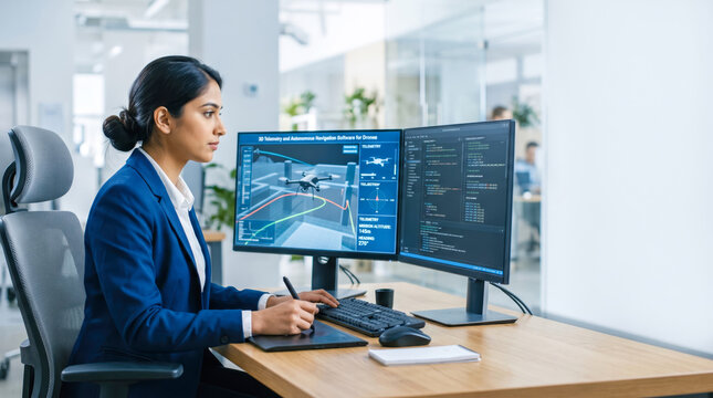A woman sits at a wooden desk in a modern office. She is engaged in software and data analysis on two computer monitors. This scene shows a typical workday in a technology-focused environment