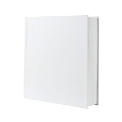 Fototapeta premium A standing white square hardcover book mockup, presented in a slightly angled front view, showcasing a blank cover ideal for design customization, isolated on a transparent background.