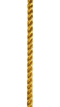 A thin, long, gold rope hanging vertically in a perfectly straight line, featuring a realistic twisted, braided texture, isolated on transparent background for luxury design.