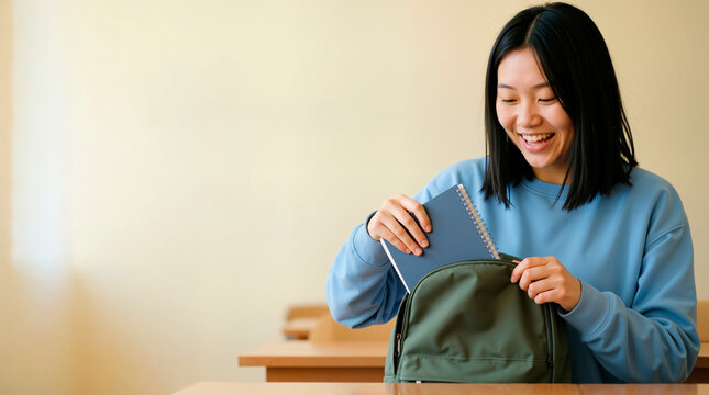 Happy Asian female student packing notebook into backpack in classroom. Young woman preparing for university class. Back to school concept with copy space