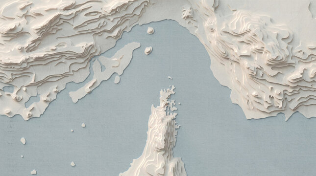 Strait of Hormuz map, Persian Gulf, Iran, Oman, maritime shipping chokepoint. Stylized three-dimensional relief map showing the strategic waterway connecting the Persian Gulf with the Gulf of Oman