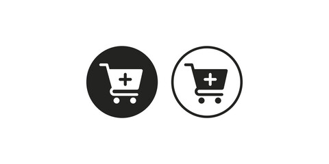 Shopping cart with plus sign icon inside circular frame for ecommerce web buttons. © Shan masih