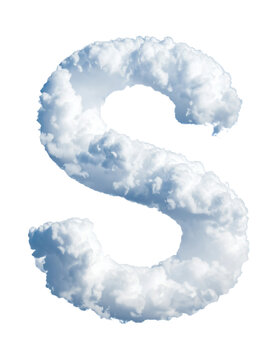 Letter S shaped cloud font made of fluffy white cumulus vapor isolated in the bright blue sky on transparent background