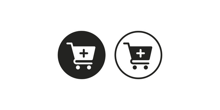 Shopping cart with plus sign icon inside circular frame for ecommerce web buttons.
