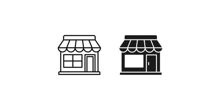 Store building icons in line and silhouette styles for retail business mapping and commerce interface design.