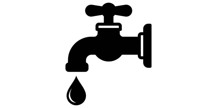 Solid black faucet icon with water drop for plumbing services or utility and home improvement branding.