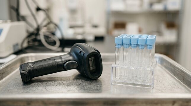 Handheld Barcode Reader Resting Quietly beside a Stack of Tubes, Macro Close-up &ndash; Clinical Laboratory Stock Photo