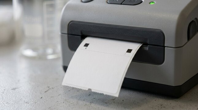Label Printer Resting Quietly on a Laboratory Bench, Macro Close-up &ndash; Clinical Laboratory Stock Photo