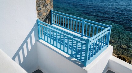 Fototapeta premium Blue balcony overlooks clear sea water on a sunny day. White architecture contrasts stone wall and blue railing. Peaceful ocean view inspires calm.