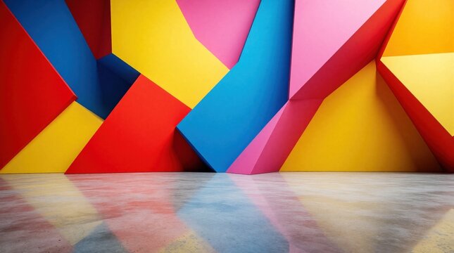 Vibrant abstract background with colorful geometric shapes, sharp angles. Bright pink, yellow, blue, red polygons create 3D wall texture in modern room. Creative digital art composition with light