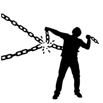 Silhouette of a person breaking chains symbolizing freedom and overcoming obstacles isolated on whit