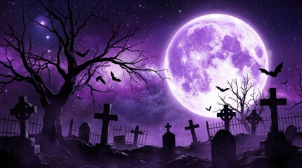Fototapeta premium Halloween night cemetery background template with full moon bats graves crosses spooky tree