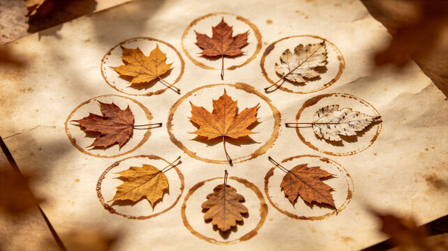 Autumn leaves arranged in circular pattern on vintage paper background