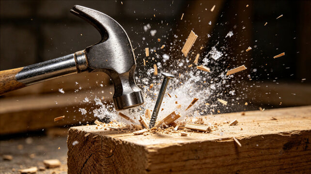 Steel hammer hitting a nail into wooden plank closeup view