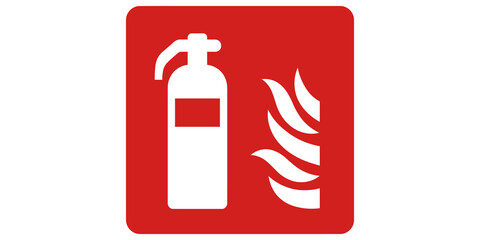 Fire extinguisher safety sign in red square with flame icon for emergency protection and fire fighting awareness. © Shan masih
