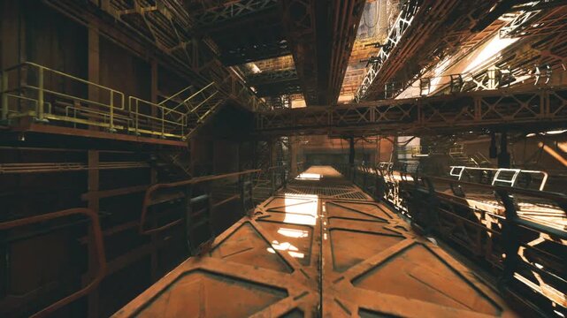 Spacious loading bay with central walkway, timber planked floor and metal gratings, overhead gantries and pipework, distant light creating vanishing point