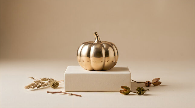 A shiny metallic gold pumpkin decoration sitting on a small block with dry autumn leaves