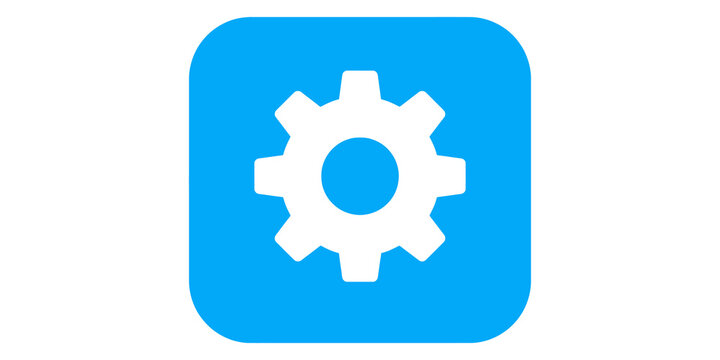 Blue rounded square application icon featuring central mechanical cogwheel symbol for software settings and device configuration.