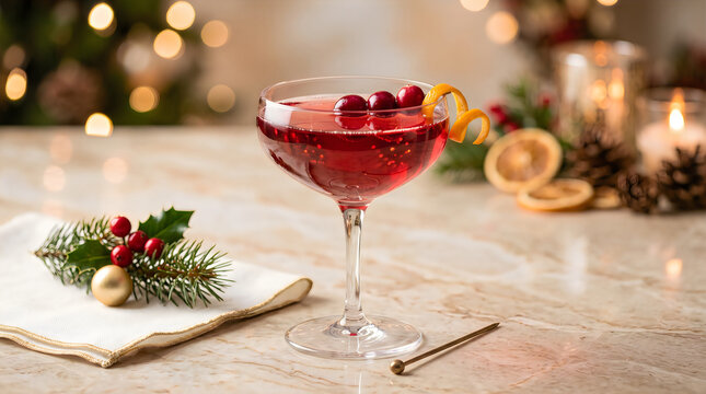 Red christmas cocktail in a glass with cranberries and holly leaves on a festive table