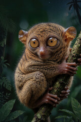 Fototapeta premium Tiny Philippine tarsier with huge eyes clings to tree branch in dark jungle. Small nocturnal primate looks forward amidst green leaves. Exotic wildlife animal lives in tropical forest ecosystem
