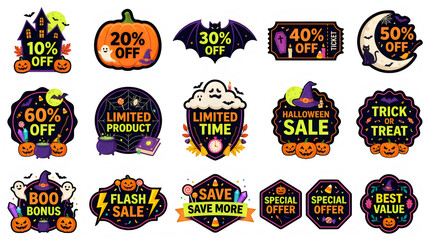 Naklejka premium 18 Halloween Sale Badges Set. Discount Stickers, October Promotional Vector Icons, Offer Labels for Marketing, E-commerce and Ads, isolated PNG with Transparent Background