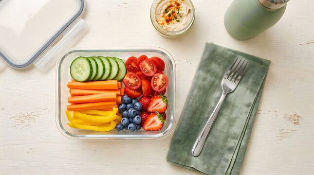 Glass lunch box with fresh sliced vegetables and berries for a healthy meal prep on a table