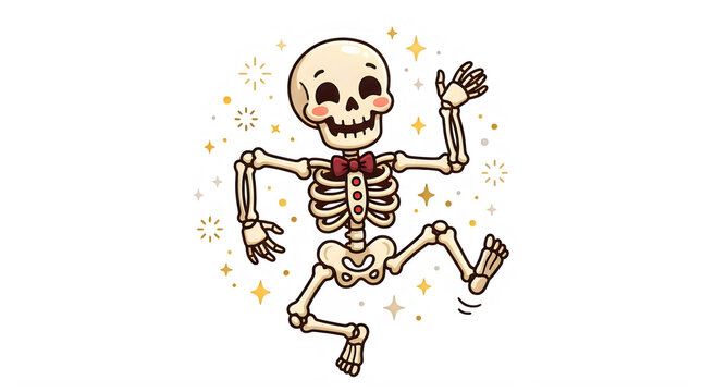 Cute cartoon skeleton character illustration with red bowtie, dancing with sparkles. Kawaii bone man icon for Halloween party, isolated PNG with Transparent Background