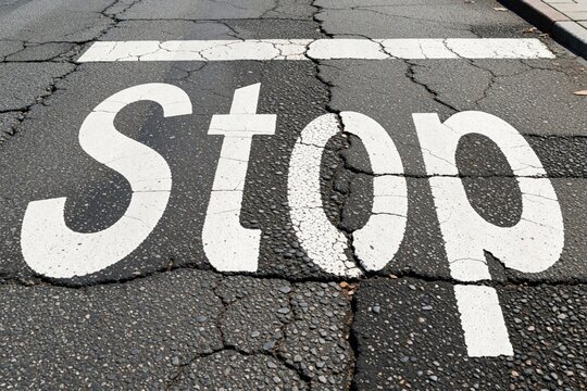 Close up view of white stop sign painted on old cracked asphalt road. Worn street marking on damaged pavement surface. Urban traffic symbol shows warning sign for vehicle drivers in city. Detailed