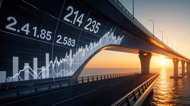 Bridge over ocean displays financial data with charts and numbers at sunset. This infrastructure connects land over water with a road and is illuminated by bright sun.