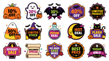Naklejka premium Halloween Stickers, 15 Sale Badges, Cartoon Icons, Shop Promotion, Spooky Sale Symbols, Cute Pumpkin, Ghost, Witch, Black Cat, Vector Set isolated PNG with Transparent Background halloween