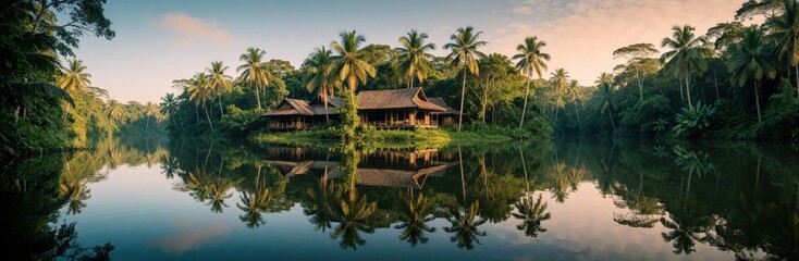 Fototapeta premium Tropical resort on river bank with palm trees and lush jungle. Buildings reflect in calm water, serene natural landscape at sunrise. Eco friendly vacation destination.